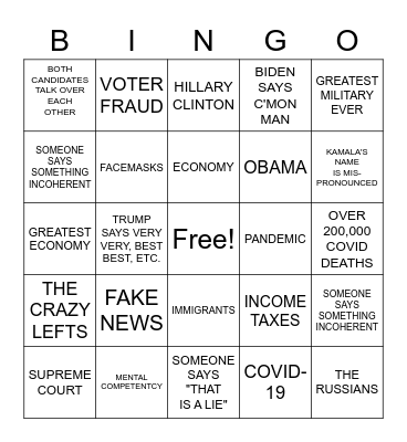 2020 PRESIDENTIAL DEBATE Bingo Card