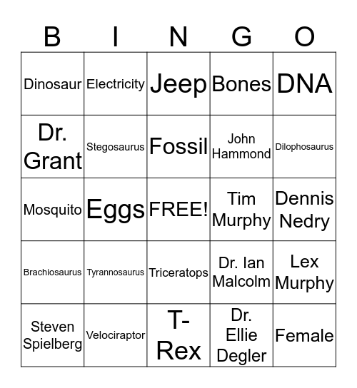 Jurassic Park BINGO Card