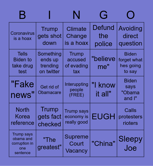 Presidential Debate Bingo Card