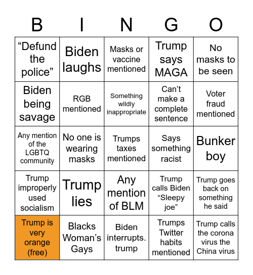 Presidential debate Bingo Card
