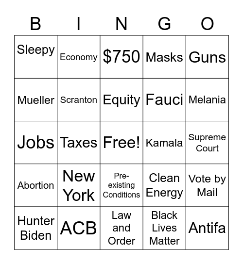 Presidential Debate Bingo 2020 Bingo Card