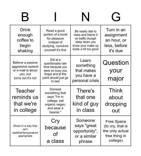 Semester/Class Bingo Card