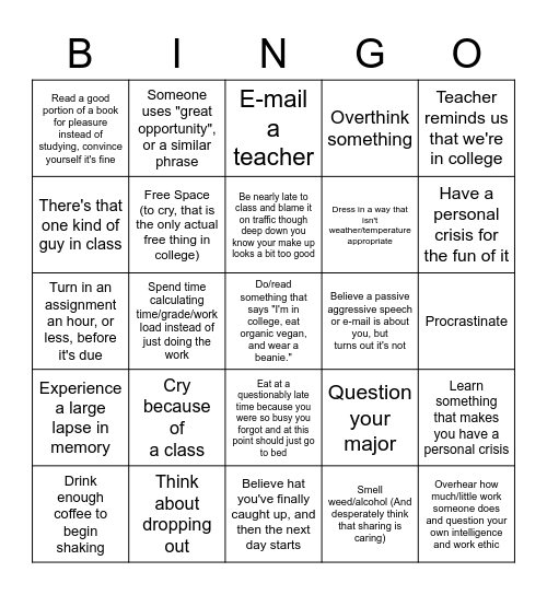 Semester/Class Bingo Card