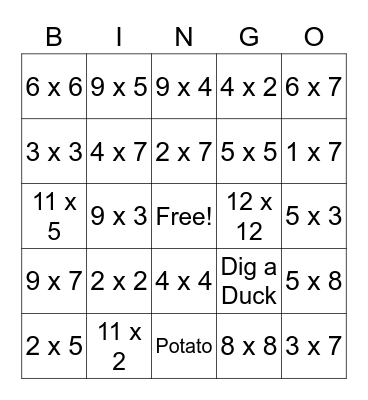 Multiplication Bingo Card