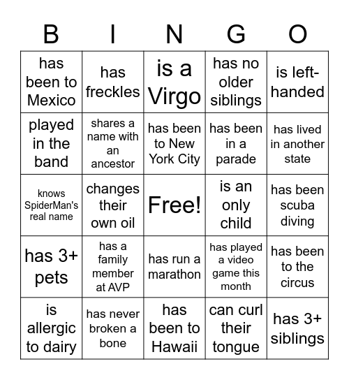 AVP Bingo Card