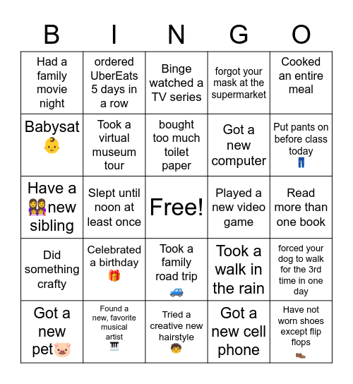 Pandemic Bingo! Bingo Card