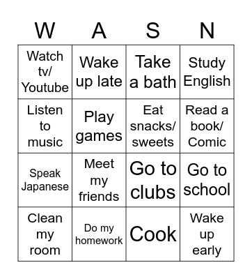 Daily activites Bingo Card