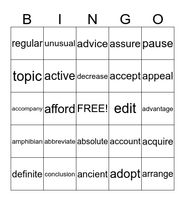 Fall Vocabulary Review Bingo Card