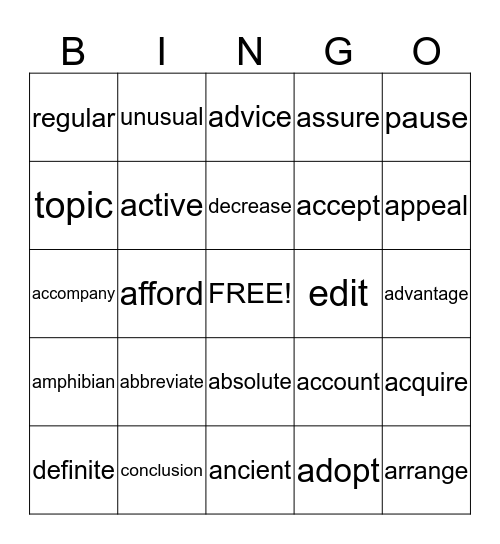 Fall Vocabulary Review Bingo Card