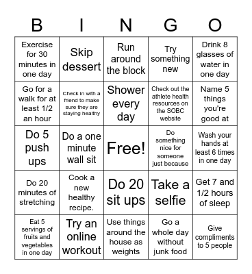 Special Olympics Fitness Bingo Card