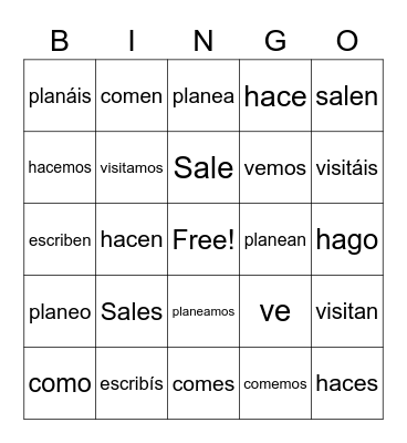 Los verbos AR, ER, IR Bingo Card