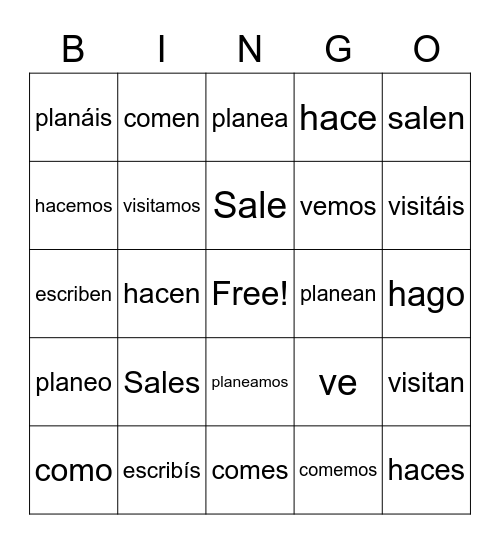 Los verbos AR, ER, IR Bingo Card