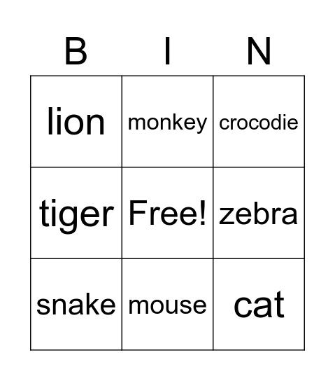 Animals Bingo Card