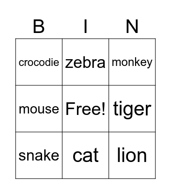 Animals Bingo Card