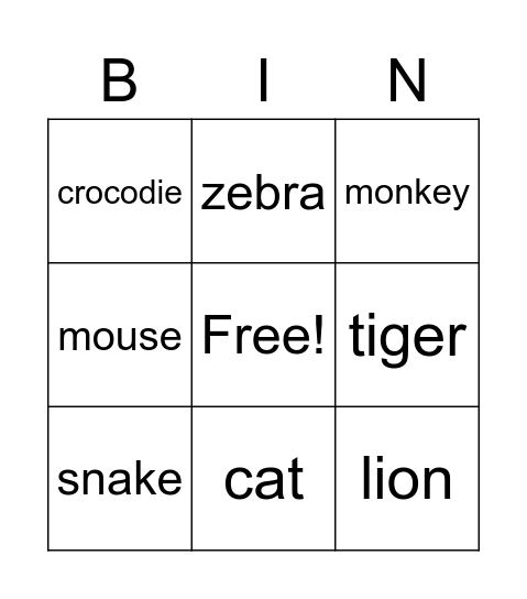 Animals Bingo Card
