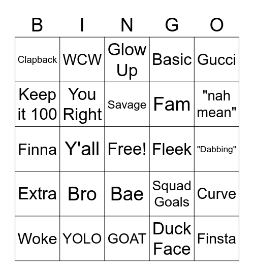 Slang Bingo Card