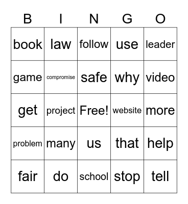 September Vocabulary Bingo Card