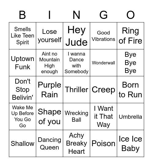 Songs Bingo Card