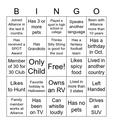 Alliance Bingo Card