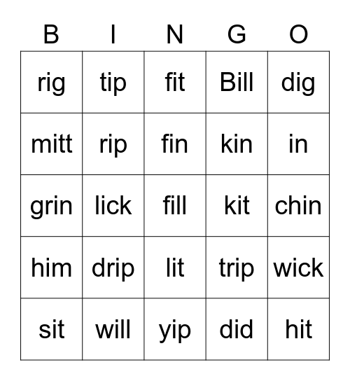 Short i Bingo Card