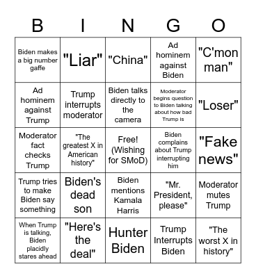 2nd Presidential Debate Bingo Card
