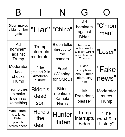 2nd Presidential Debate Bingo Card