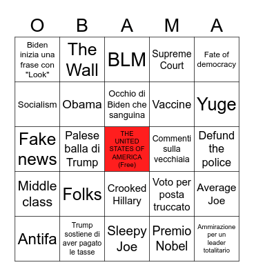 US 2020 Presidential Debate Bingo Card
