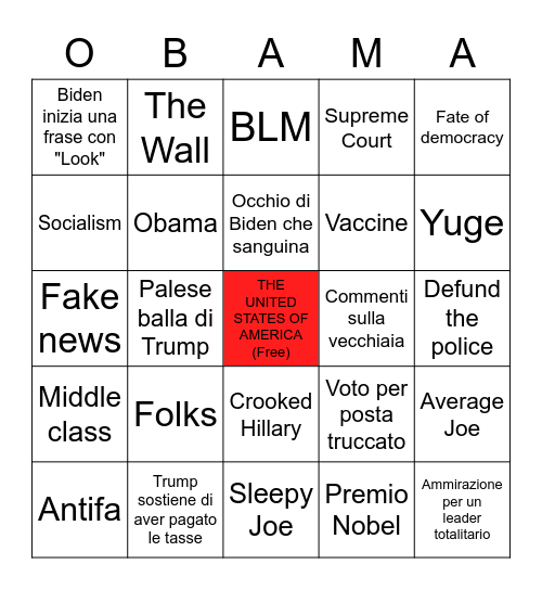 US 2020 Presidential Debate Bingo Card