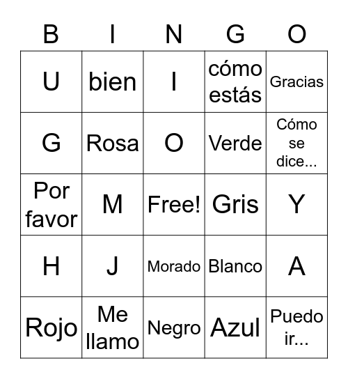 Colors/Letters/Classroom Expressions Bingo Card