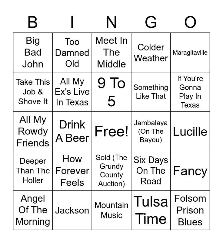 Country Hits Bingo Card