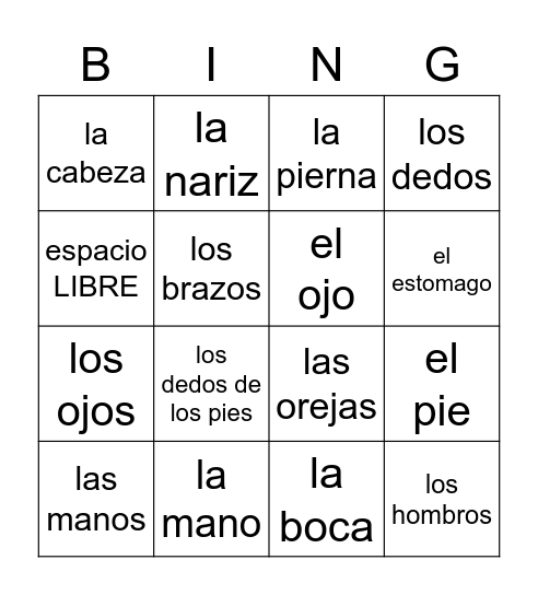 LAS PARTES DEL CUERPO Bingo Card