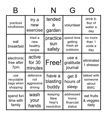 BWC - Wellness Bingo Card