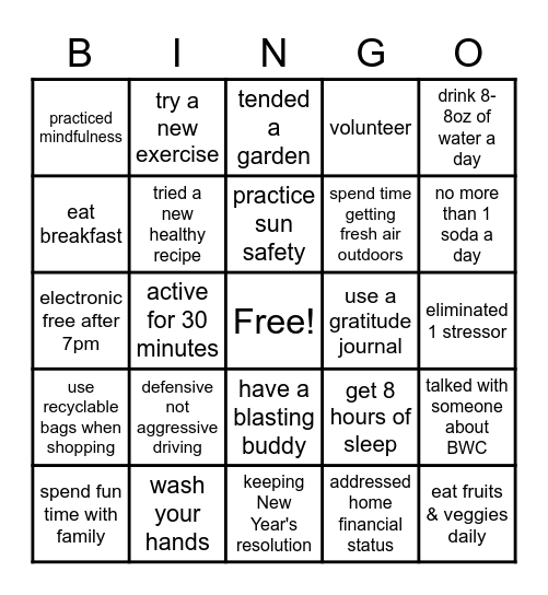 BWC - Wellness Bingo Card