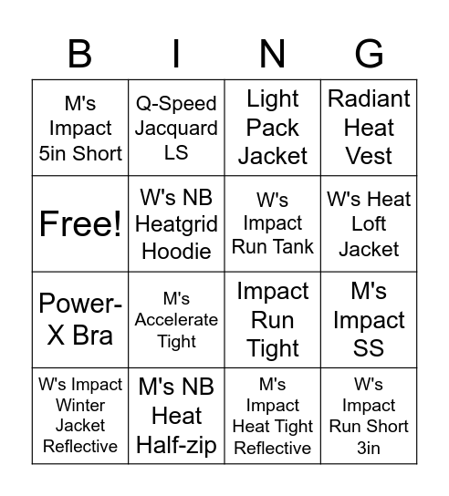 NB Apparel Bingo Card