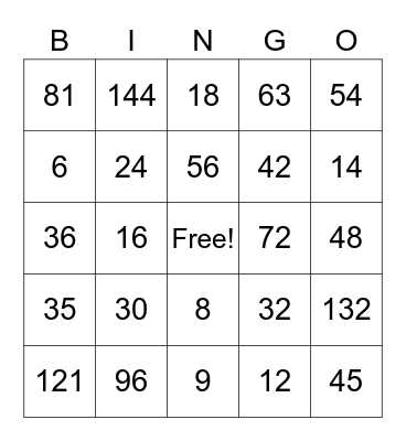 Math Facts Bingo Card