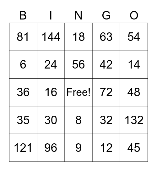 Math Facts Bingo Card