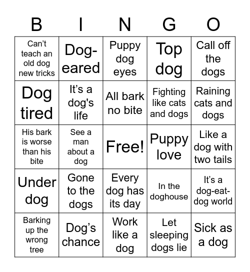 Dog Idioms Bingo Card