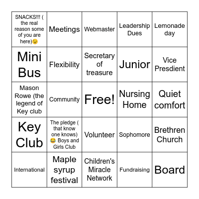 KEY CLUB BINGO!!!!!! Bingo Card
