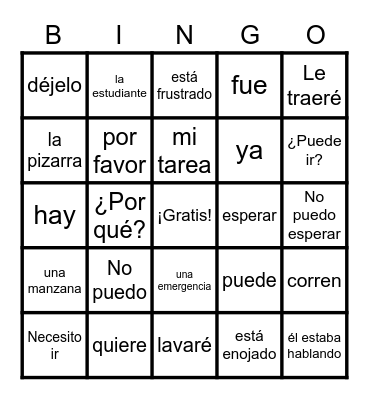 El Vocabulario - ¿Puedo ir al baño? Bingo Card