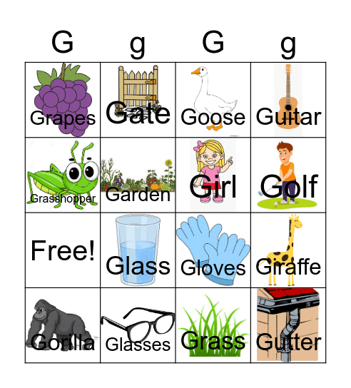 Letter G Bingo Card