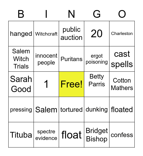 Salem Witch Trials Bingo Card