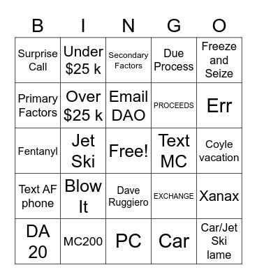 Asset Forfeiture Fun Bingo Card