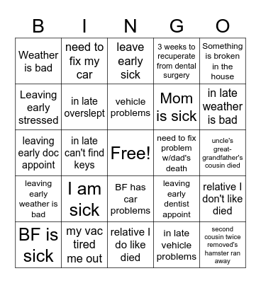 Work Excuses Bingo Card