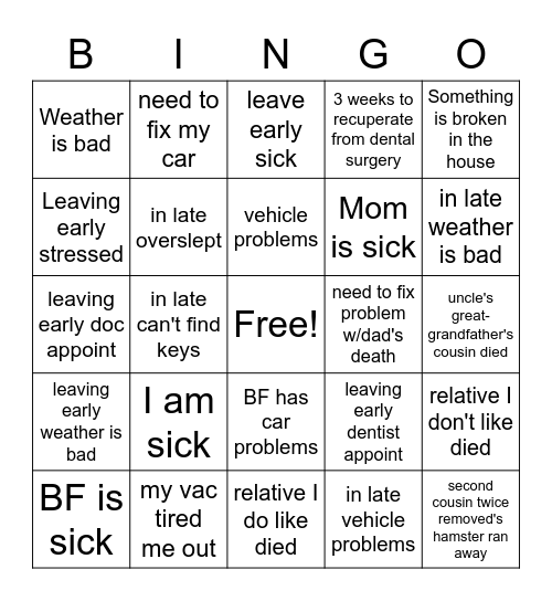 Work Excuses Bingo Card