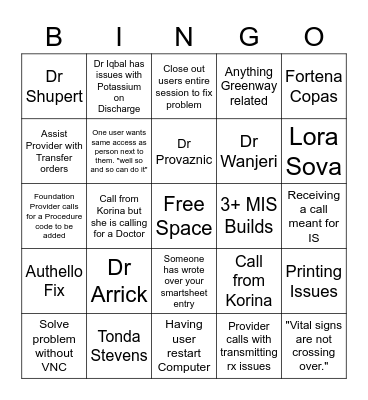 CIS Call Log Bingo Card