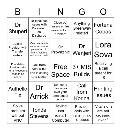 CIS Call Log Bingo Card