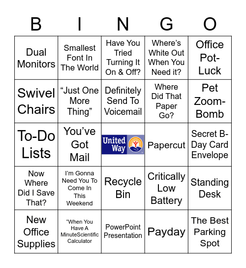 Just Another Day At Work 2020 United Way Fundraiser Bingo Card
