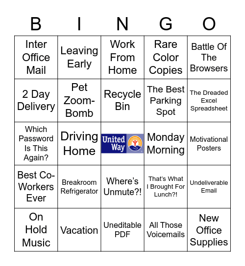 Just Another Day At Work 2020 United Way Fundraiser Bingo Card