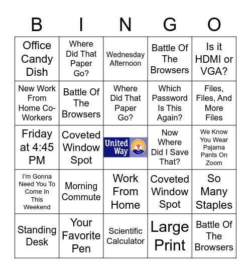 Just Another Day At Work 2020 United Way Fundraiser Bingo Card