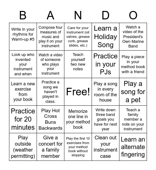 Beechwood 6th Grade Band Winter BANDO Bingo Card